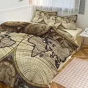 Quilt Set 3-Piece - Ultra-Soft Thickened Bedding Set, Ancient Map World Globe Bedspread + 2 Pillowcases, Lightweight Double-Sided Quilt Cover for Home/Hotel/Gifts 79"x90"