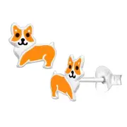 8mm Orange Welsh Corgi Solid 925 Sterling Silver Studs Girls Earrings