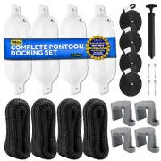 Boat Fenders Complete Set, White 6.5"x23", Includes Dock Lines and Fender Clip