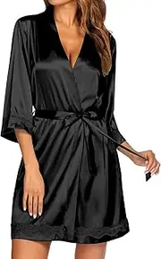 [Ekouaer] Women's Lace-Trim Silk Robes Bride Bridesmaid Kimono Satin Bathrobe V Neck Sleepwear with 3/4 Sleeve Champagne XX-Large
