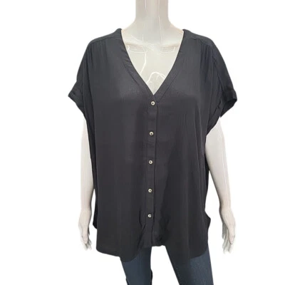 Orvis Womens V-Neck Dressy Button Front Rayon Top XX-Large Size Black Shirt