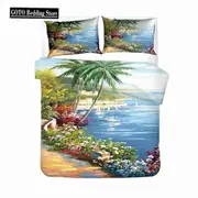 v223 Bed Sheets Scenery Tree Bedroom Quilt Cover Set Beach Ocean Comforter Cover Pillowcase Bed Linens Bedclothes Queen King Size Bedding Sets 3-Piece