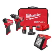 Milwaukee Hammer Drill + Impact Driver Kit 12V Li-Ion Cordless w/ LED Floodlight