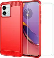 LCEHTOGYE Carbon Fiber Cover for Motorola Moto G84 + 2 Tablets HD Tempered Glass,Shell TPU Bumper Protective Back Case - Anti-Scratch Screen Protector for Motorola Moto G84 (6,55")-MFLS - Red