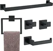 5 Pieces Bathroom Hardware Accessories Set Matte Black, 16Inch Square Towel Racks Set for Bathroom, SUS304 Stainless Steel Towel Bar Set, Bath Accessories Sets Wall Mounted