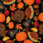 Thanksgiving Fabric - Pilgrims Feast on Black Fabric, 100% Cotton