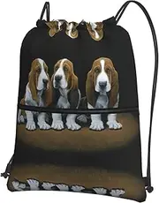 EdWal Cute Basset Hound Puppies Print Drawstring Backpack Gym Bags Sports Bags With Zipper Pocket For Travel Beach, Black, One Size