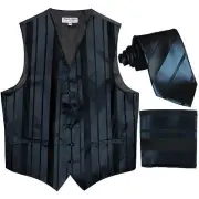 New Men's vertical stripes Tuxedo Vest Waistcoat_tie & hankie navy blue formal