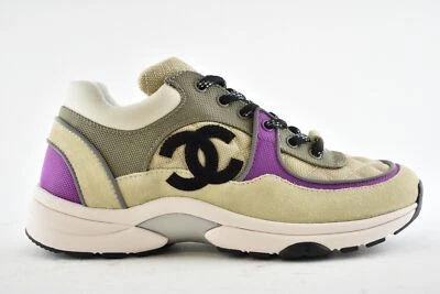 Chanel 21B Beige Purple Black White CC Logo Tie Flat Runner Trainer Sneaker 40