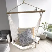 New Ivory & Deene Padded Hanging Hammock Chair Cream Rope + Wooden Rod