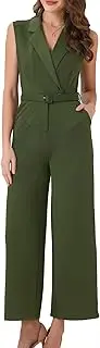 [Allegra K] Womens' Sleeveless Button Front Closure Long Wide Leg with Pocket Jumpsuits Belt