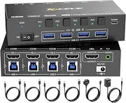 HDMI KVM Switch 4 Computers 8K@60Hz 4K@144Hz，Simulation EDID，Camgeet 4 Port USB3.0 KVM Switch with Audio for 4 Computer Share 1 Monitor and Keyboard Mouse Headset，Wired Remote，Power Adapter Included
