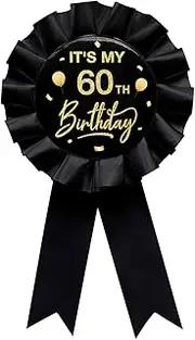 It's My 60th Birthday Tinplate Badge Pin Black Satin Fabric 60 Year Old Birthday Themed Button Pin Party Decorations Award Ribbon Badge, Black