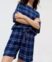 NEW PETER ALEXANDER TARTAN NAVY PINK VISCOSE FLANNELETTE PJ SET TOP & SHORTS S