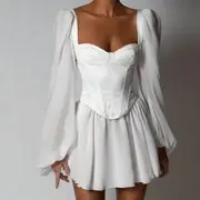 Puff-Sleeve Square-Neck Mesh Panel A-Line Corset Dress White - S