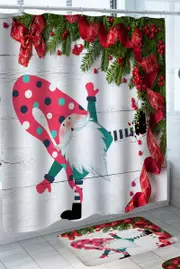 Cute Christmas Gnome Dwarf on Wood Board Shower Curtain