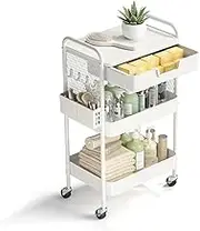HIDODO 3 Tier Rolling Cart with Drawer, Metal Rolling Utility Cart on Wheels with Pegboard, Art Cart Storage Organizer with Tabletop for Living Room, Office, Bedroom (White)
