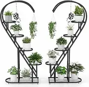 Costway 5 Tier Metal Plant Stand, Heart-shaped Ladder Plant Shelf w/Hanging Hook for Multiple Plants, Indoor Tiered Flower Display Shelf for Living Room Bedroom Balcony (2 Pack) (Black)