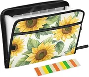 Quteprint 13 Pockets Expanding File Folder with Zipper Closure, Summer Sunflower Leaves Accordion File Folder with Sticky Labels, Letter Size A4 Papers Expandable File Document Organizer