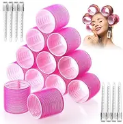 Jumbo Hair Curlers Rollers, 12Pcs 60mm Jumbo Hair Roller Curlers Self Grip Holding Rollers with 12Pcs Hair Clips for Long Straight Thick Hair (Rose Red)