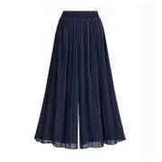 Chiffon Women Wide Pants Pleated Beach Culottes Loose Cropped Pants High Waist Thin Wide-Leg Trousers navy blue XL