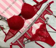 Victoria's Secret VS Shine Strap Bombshell Lace Push-Up Bra Thong Garter Set Red