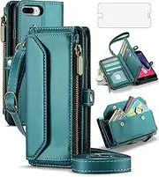 Phone Case for iPhone 6plus 6splus 7plus 8plus i 6/6s/7/8 Plus Zipper Wallet Cover with Screen Protector Flip RFID Blocking Card Holder Cell iPhone6splus i Phone7s 7s 7+ 8s 8+ Phones8 6+ i6 6s+ Green