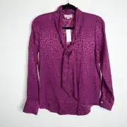 Ann Taylor Loft Top Women Small Purple Satin Leopard Animal Print Bow Cheetah B4