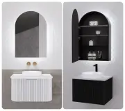 600mm Riva LED Arch IP67 Plywood Paris Mirror Shaving Cabinet Matte White Black
