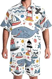 [KQNZT] Men's Hawaiian Short Set, Mens 2 Piece Short Set, Beach Outfits for Men, Cartoon Sea Animal Whale Ship Lighthouse, Mens Summer Outfits