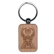 Geometric Spiritual Deer Buck in Triangle Engraved Wood Keychain Tag Charm