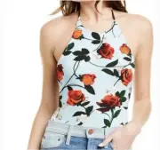 ALICE + OLIVIA Light Blue Red Rose Floral Halter Top Bodysuit NEW $195 Size XL