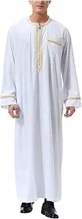 [Generic] Casual Mens Kaftan Thobe Long Sleeve Muslim Robe V Neck Linen Robe Short Sleeve Muslim Kaftan Thobe Long Gown Lounge Shirt Chic