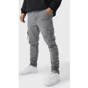 Mens Slate Skinny Stacked Ruched Strap Cargo Trousers