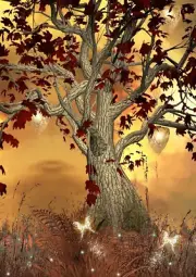 Fantasy Fairy Tales Tree Sunset Butterflies Grass Autumn Garden Flag 12×18 Inch