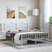 Metal Bed Frame Queen Size, White Finish, 150x200 cm, with Headboard, Bedframe, Robust, Platform, Floor, Base, Slats, Frames for Mattress