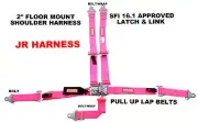 SFI 16.1 JR RACE HARNESS FLOOR MOUNT LATCH & LINK BOLTIN PULL UP LAP BELT PINK