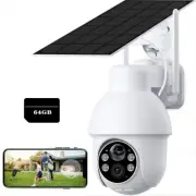 Solar Security Camera 2K 3MP Two Way Audio PIR Motion Detection PTZ + 64G Card