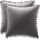 Throw Pillow Covers 16X16 Dark-Grey: 2 Pack Cozy Soft Pom-Poms Velvet Square Dec
