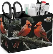 Leather Pen Container, Cardinals Birds Fauna Wild Square Pen Holder,Pencil Holder 2 Compartments, for Home Office Desk Accessories