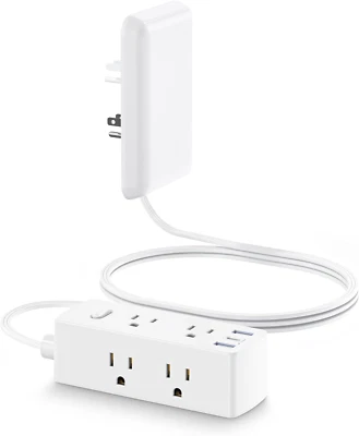 5' Flat Extension Cord-Outlet Cover,Flat Plug Power Strip-6 Outlets & 3 USB Port