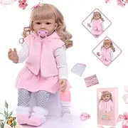ZIYIUI Cute 60cm Reborn Baby Doll Girl with Curly Hair and Big Eyes Soft Silicone Vinyl Handmade Newborn Toddler Baby Toy