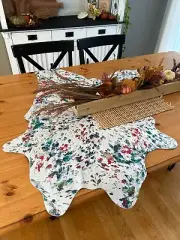 White Calfskin Table Runner/ Multi-color Floral Acid Washed - 41 in X 32 in