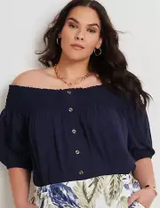 BNWT Size 18 AUTOGRAPH Elbow Sleeve Off the Shoulder Dark Navy Blue Peasant Top