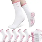 [Jeyiour] 5 Pairs Coquette Pink Bow Pilates Socks with Grips for Women Cute Yoga Non Slip Grippy Crew Socks for Dance Gifts, Pink, White, One Size