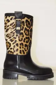 $1295 New Dolce & Gabbana black Leather Leopard pony moto Boots Flat Shoes 35