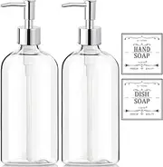 Clear Soap Dispenser With Rust Proof Pump, Waterproof Labels (2 Pack, 16 Oz), Plastic Hand Soap Dispenser for Bathroom and Kitchen