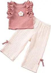 [JiAmy] Girls' 2-Piece Clothing Set for 2-9 Years, Cute Two Piece Set, Summer Outfit, Kids' 2-Piece Tops and Trousers Set, Ruffle Short Shirt