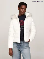 Tommy Hilfiger Tyra Gloss Down White Jacket With Faux Fur (AC2972) | $318