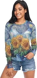 [RPLIFE] Starry Night Sunflowers Blue Mesh Long Sleeve Top, Sheer Long Sleeve Top S-XXL